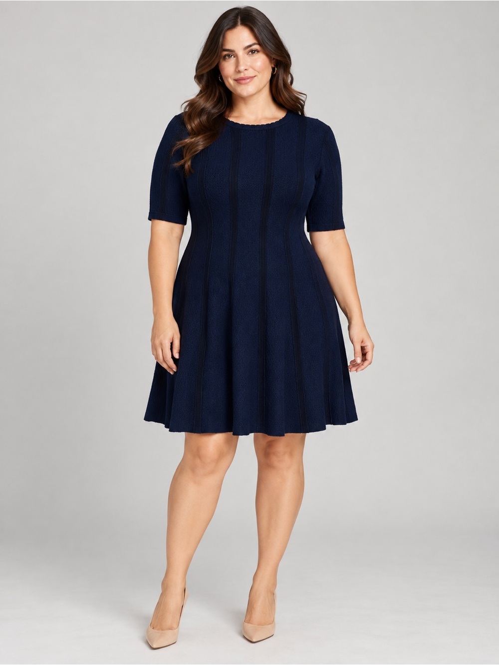 Roz & Ali Navy Sweater Dress XL Ribbed Knit Fit Flare Short Sleeve